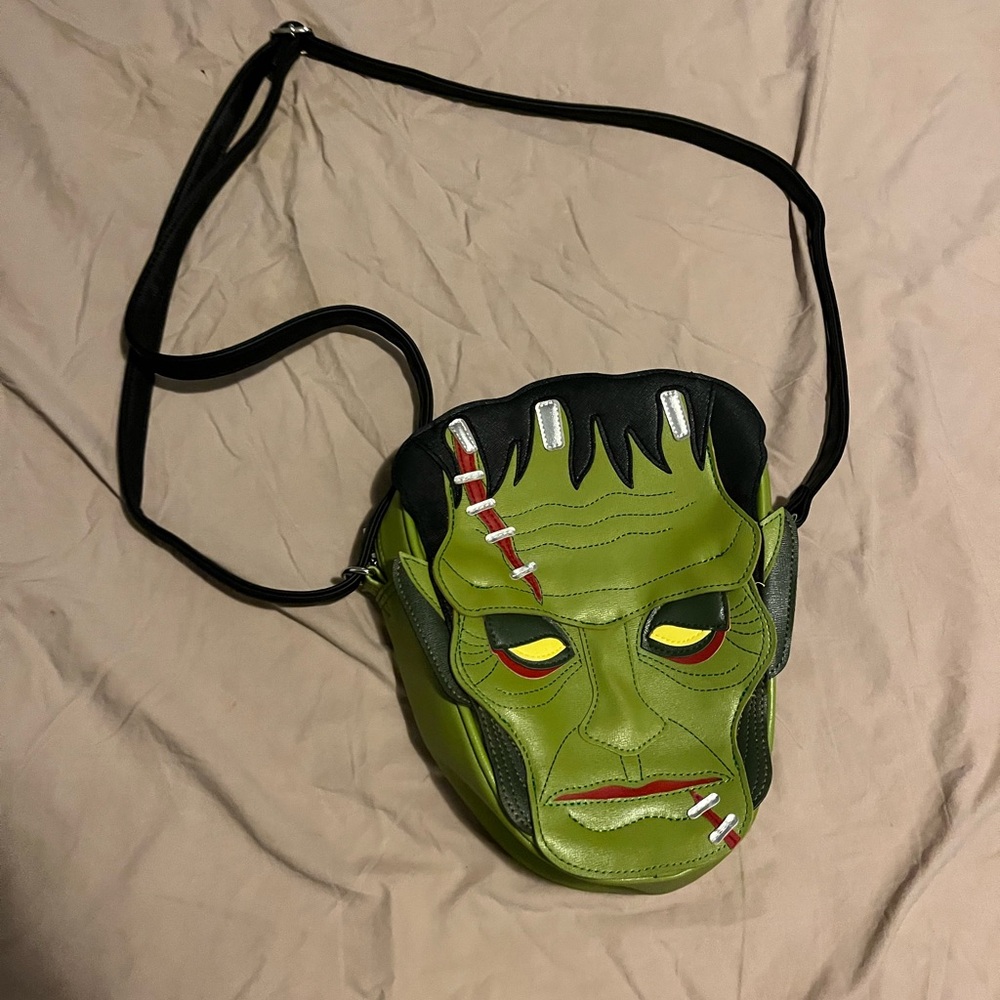 Green and Black Messenger Bag with Monster Face